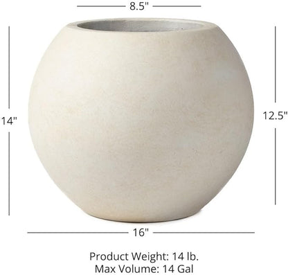 Ash & Ember 16" Round Sphere Satin Ivory Planter, 14 Gallon Lightweight Fiberstone Composite with Weather-Resistant Finish, Modern Planter Pot for Indoor and Outdoor Plants