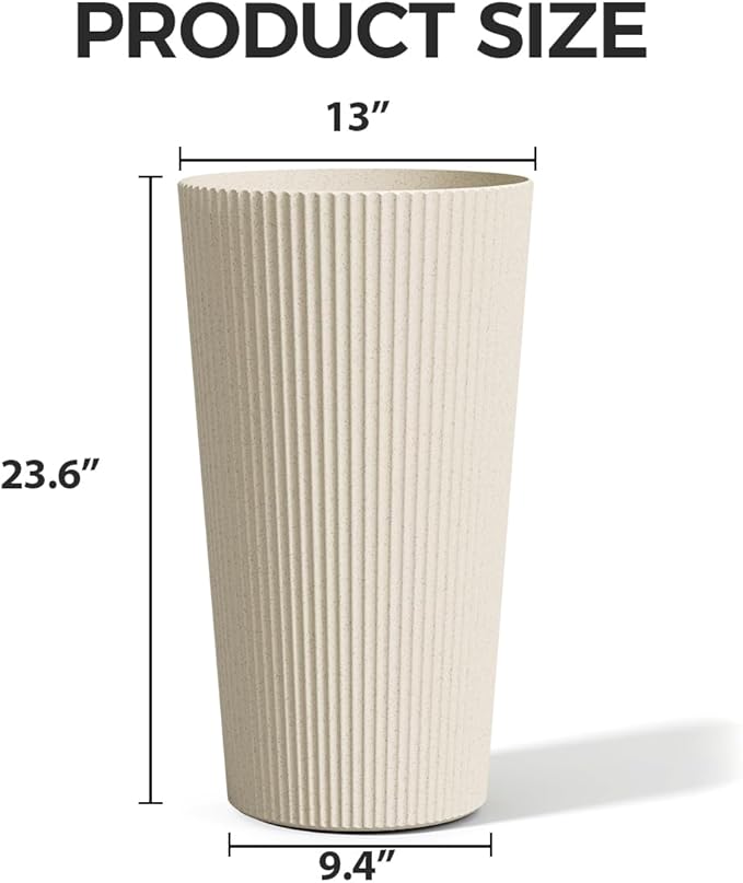 Tall Outdoor Planter Set of 2-23.6" Large Striped Plastic Flower Pots, Decorative Indoor/Outdoor Planters for Porch, Patio, Balcony & Garden, Cream