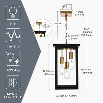 TODOLUZ Outdoor Pendant Light Fixtures, 3-Lights Exterior Hanging Lantern, Black Large Outdoor Hanging Porch Light with Clear Glass Shade