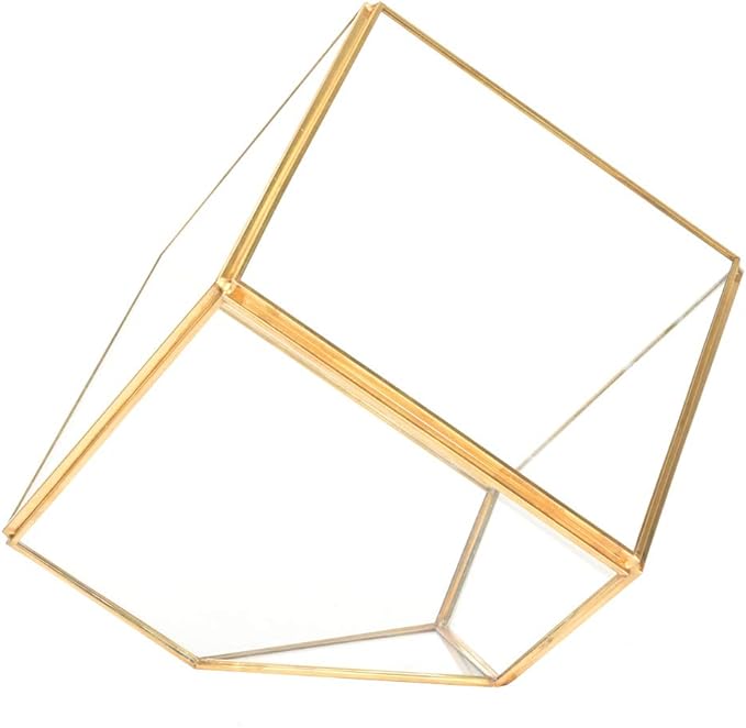 Gold Geometric Shape Succulents Plant Flowerpot, Glass Planter with Copper Bar, Modern Home Table Decoration for Succulents Ferns Cacti, Transparent Glass Container for Garden Offi