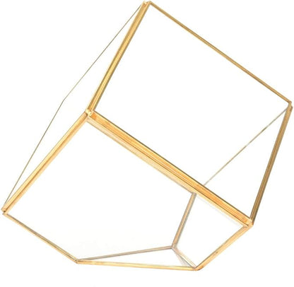Gold Geometric Shape Succulents Plant Flowerpot, Glass Planter with Copper Bar, Modern Home Table Decoration for Succulents Ferns Cacti, Transparent Glass Container for Garden Offi