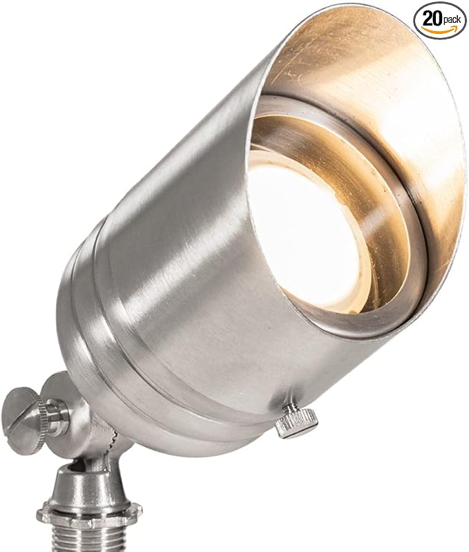 VOLT 20-Pack 12V Fat Boy Stainless Steel Outdoor Spotlights with 5W 2700K Warm White 400 Lumen MR16 LED Bulbs for Low Voltage Landscape Lighting of Yard, Lawn, Garden, Patio, Trees & House