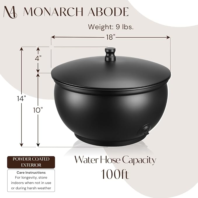 Monarch Abode Garden Hose Holder with Lid – Decorative Water Hose Holders for Outside, Smooth Metal Matte Black Pot with Drainage, 100ft Waterhose Holder for Outside, Garden Storage Caddy