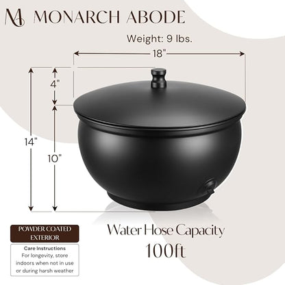 Monarch Abode Garden Hose Holder with Lid – Decorative Water Hose Holders for Outside, Smooth Metal Matte Black Pot with Drainage, 100ft Waterhose Holder for Outside, Garden Storage Caddy
