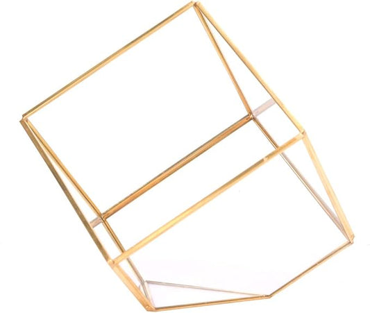 Gold Geometric Shape Succulents Plant Flowerpot, Glass Planter with Copper Bar, Modern Home Table Decoration for Succulents Ferns Cacti, Transparent Glass Container for Garden Offi