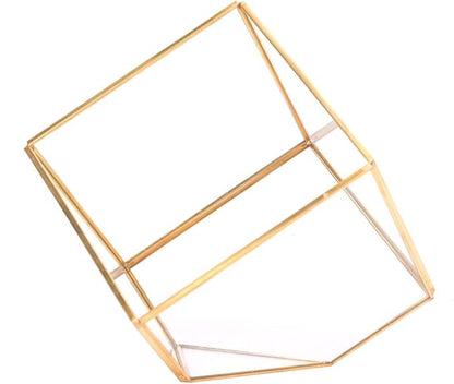Gold Geometric Shape Succulents Plant Flowerpot, Glass Planter with Copper Frame, Modern Home Table Decoration for Succulents Ferns Cacti, Transparent Glass Planter for Office