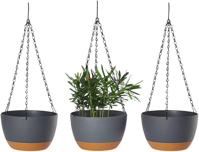 Lookat 3 Pack 8.3inch Hanging Pots for Plants Outdoor Indoor, Hanging Planters with Drainage Hole (8.3inch Grey（3 Pieces）)