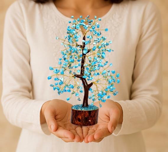 Turquoise Crystal Tree with Golden Wire – Handcrafted Gemstone Bonsai for Home Decor, Healing & Positive Energy