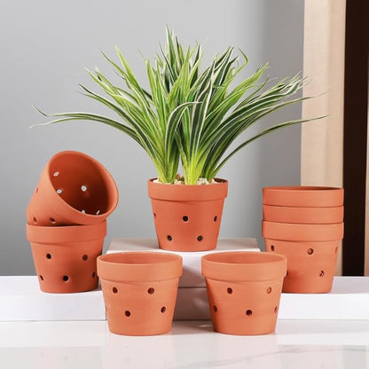 Yishang 4.6 Inches Terracotta Orchid Pots with Holes - Set of 8 Clay Orchid Planter Pots for Repotting, Small Flower Plant Pots for Orchid Indoor & Outdoor, Promotes Air Circulation