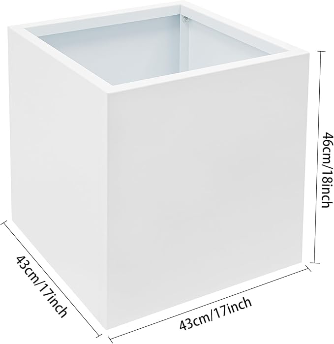 Steel Planter Box Square Indoor Outdoor Planters Large Metal Planter Flower Pot for Garden Patio Deck Yard Commercial Residential (White, 17" L x 17" W x 18" H)