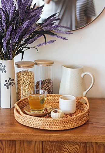 Round Rattan- Handmade Serving Tray-Decorative Woven Ottoman-Trays with Handles for Coffee Table Natural Basket Wave Tray (L- 13.7 Inch & M-11.8 Inch)