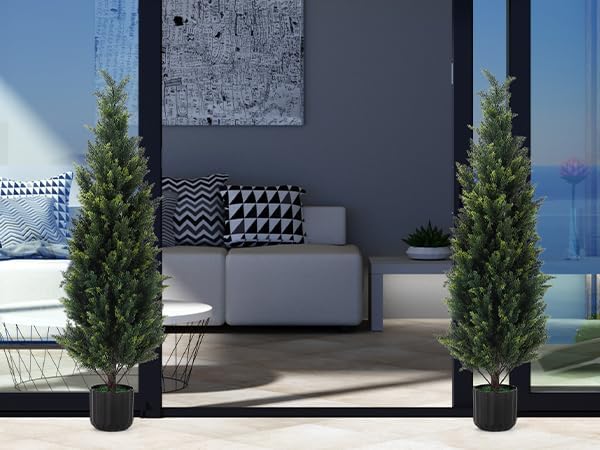 4FT Tall Artificial Cedar Topiary Trees Set of 2, Artificial UV Resistant Potted Plants, Faux Bushes Fake Shrubs for Outdoor Indoor Home Entryway Front Porch Garden Patio Offices Living Room Decor
