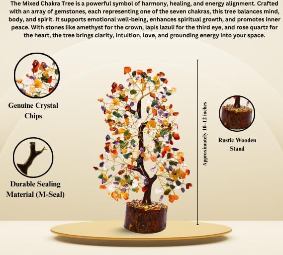 Mix Chakra Crystal Tree with Golden Wire – 7 Chakra Gemstone Bonsai for Energy Healing, Decor & Meditation