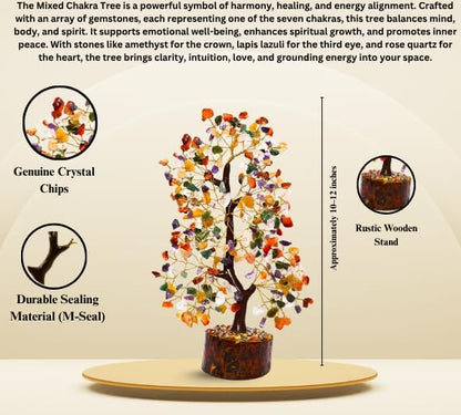 Mix Chakra Crystal Tree with Golden Wire – 7 Chakra Gemstone Bonsai for Energy Healing, Decor & Meditation