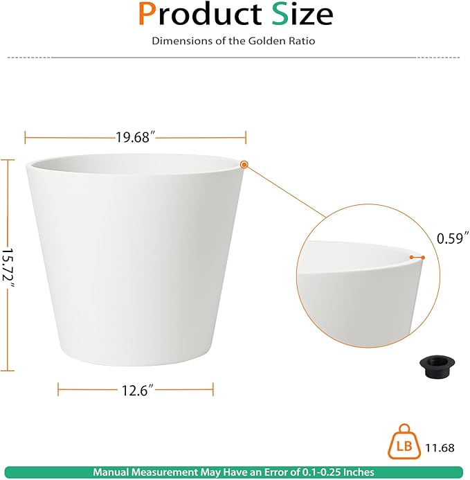Wide Planters for Outdoor Plants, Extra Large Indoor Flower Pots for Garden, Front Porch, Patio - Round Resin Planter Set of 2 (White, 20 inch - 2 Pack)