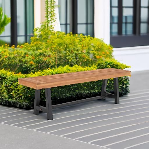 PHI VILLA Outdoor Acacia Wood Bench, 63" Long Patio Wooden Picnic Bench for 3 People, Backless Oil Finished Teak Furniture for Garden, Porch, Yard