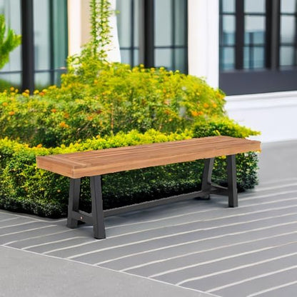 PHI VILLA Outdoor Acacia Wood Bench, 63" Long Patio Wooden Picnic Bench for 3 People, Backless Oil Finished Teak Furniture for Garden, Porch, Yard