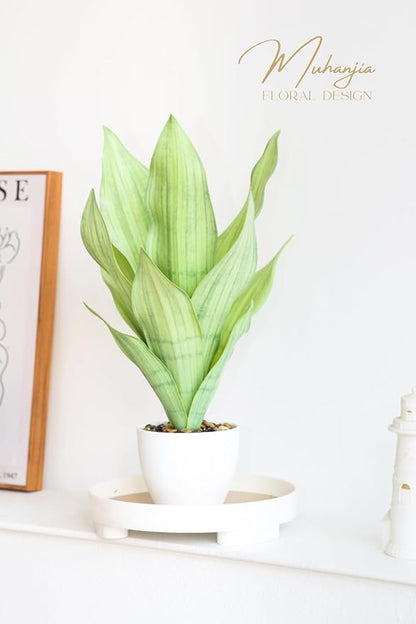 17" Artificial Snake Plant Potted,Fake Sansevieria Floor Plant Real Looking with White Planter for Centerpiece Home Decor (White&Green)