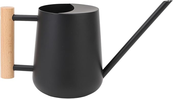 1L/33.8oz Wood Handle Long Spout Watering Can Stainless Steel Plant Watering Pot Garden Green Plant Flower Watering Kettle for Indoor Outdoor Plants Garden Flower (Black)