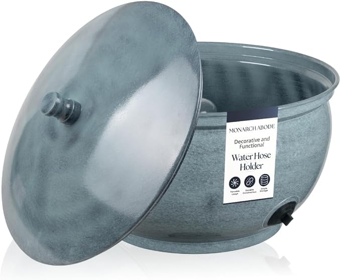 Monarch Abode Garden Hose Holder with Lid – Decorative Water Hose Holders for Outside, Smooth Metal Patina Pot with Drainage, 100ft Waterhose Holder for Outside, Garden Storage Caddy