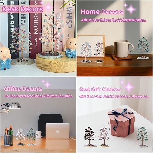 YATOJUZI Rainbow Fluorite Crystal Trees Natural Crystals Stones Gemstones Tree Copper Wire Agate Base Tree of Life Feng Shui Decor Reiki Energy Lucky for Room Desk Home Decors Gifts for Women Men