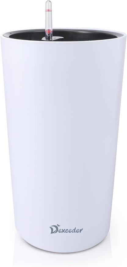Dexceder 22x13 Tall Self Watering Planter High Cylinder Indoor Outdoor, Thickened Large Floor Standing Flower Plant Pot with Water Level Indicator (White Matte)