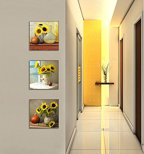 Sunflower Kitchen Wall Decor, SZ HD Still Life Oil Painting Canvas Art Prints of Bright Blooming Floral Illustration (Set of 3, Waterproof Artwork, 1" Thick Frame, Bracket Mounted Ready to Hang)