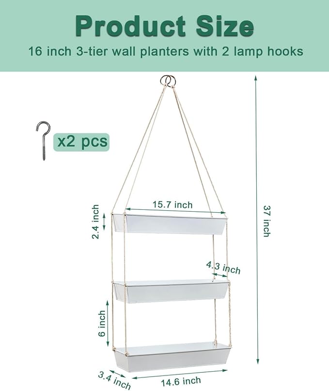 vensovo 16" Metal Wall Planter – 3-Tier Black Galvanized Hanging Shelf for Indoor Outdoor Plants, Vertical Garden Wall Mount for Balcony, Kitchen, or Entryway Decor