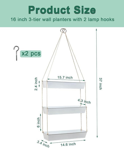 vensovo 16" Metal Wall Planter – 3-Tier Black Galvanized Hanging Shelf for Indoor Outdoor Plants, Vertical Garden Wall Mount for Balcony, Kitchen, or Entryway Decor