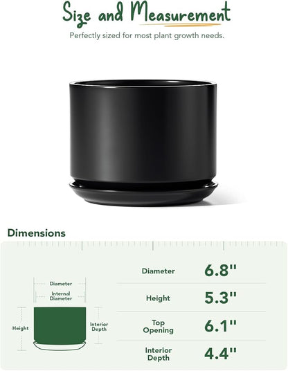 LE TAUCI Ceramic Pots for Plants, 6.8 Inch Plant Pots with Drainage Hole & Saucer, Modern Planter for Indoor Plants, Stable & Durable, Perfect for Living Room or Office Decor, Black