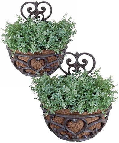 BestNest 2 Pack Esschert Design Victorian Half-Round Wall Planters | Ornate Cast Iron Scrollwork Wall Planters | Rustic Brown & Black Finish | Decorative Outdoor Planters for Flowers, Herbs & Greenery