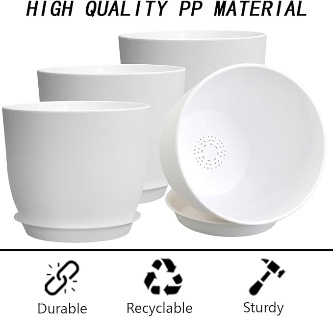4Pack 8 Inch Flower Pots Planters for Indoor Outdoor Plastic Plant Pots with Drainage Hole and Saucers Modern Decorative Garden Pot, White