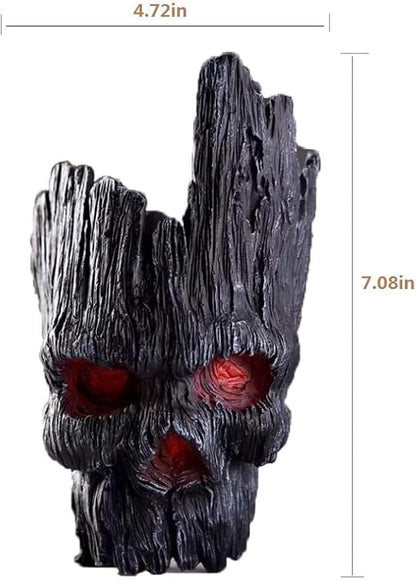 Mikayoo Stump Skull Flower Pot - Treeman Pen Holder & Creative Green Plant Pot - 7" High, 4.7" Wide (Black)