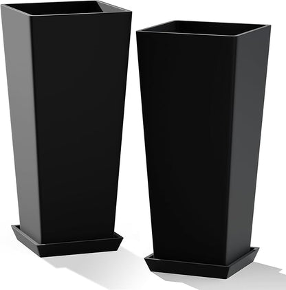 24" Set of 2 Tall Planters, Large Outdoor Flower Pots with Drainage Tray Modern Indoor Tapered Planter for Patio, Garden, Front Porch, Backyard (Black)