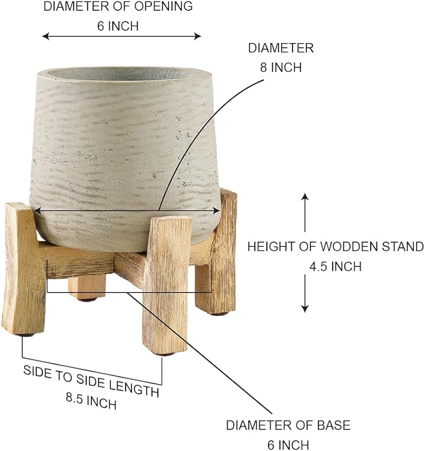 Serene Spaces Living Minimalist Cement Planter with Wooden Legs – Sleek Planter for Succulents, Cacti, Indoor Greenery, Versatile, Durable Plant Pot for Home or Office, 8" Diameter & 9" Tall