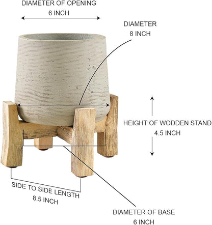 Serene Spaces Living Minimalist Cement Planter with Wooden Legs – Sleek Planter for Succulents, Cacti, Indoor Greenery, Versatile, Durable Plant Pot for Home or Office, 8" Diameter & 9" Tall
