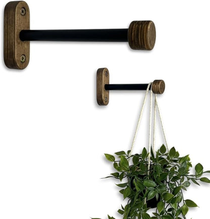 EvenWood 2-Piece Set of Wooden Plant Hooks for Wall with Sturdy Metal Tube - Plant Wall Hanger for Pots, Flower Brackets - Bracket Plant Hanger for Indoor and Outdoor Decorations (Walnut, 10 Inch)