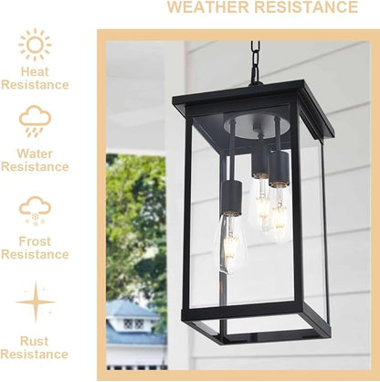 3-Lights Outdoor Pendant Lights, Large Black Exterior Ceiling Hanging Lanterns with Adjustable Chain, Modern Porch Pendant Lighting Fixtures for Front Door Entryway, E26 Bulb Base