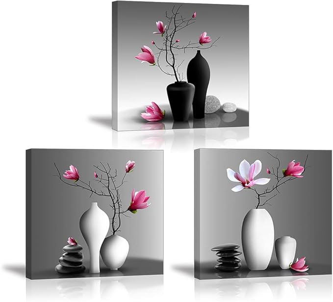 TEKMENT Flower Wall Art for Bathroom Hallway, SZ Elegant Orchid Still Life Canvas Painting Prints, Magnolia in Black and White Vases Picture (Ready to Hang, Waterproof Décor, 20x20 x3p Large)