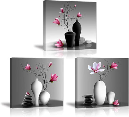 TEKMENT Flower Wall Art for Bathroom Hallway, SZ Elegant Orchid Still Life Canvas Painting Prints, Magnolia in Black and White Vases Picture (Ready to Hang, Waterproof Décor, 20x20 x3p Large)