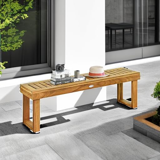 Tangkula 52” Outdoor Acacia Wood Garden Bench, Patio Wood Dining Bench with Slatted Seat, Wooden Backless Bench for Outdoors & Indoors, Outside Bench for Entryway, Deck, Poolside, Yard & Porch
