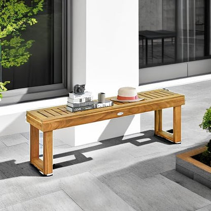 Tangkula 52” Outdoor Acacia Wood Garden Bench, Patio Wood Dining Bench with Slatted Seat, Wooden Backless Bench for Outdoors & Indoors, Outside Bench for Entryway, Deck, Poolside, Yard & Porch