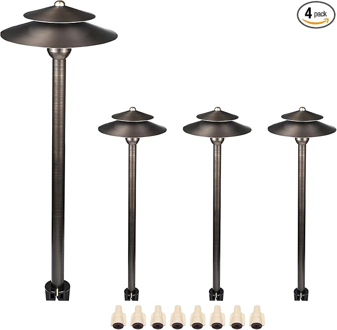 DOSHINE® Solid Brass Low Voltage Landscape Lighting Pathway Lights (8.25" Shade, 22" Tall) with Replaceable 3W G4 LED Bulb 3000K AC/DC 12V and Ground Stake for Outdoor Walkway Driveway (DOU, 4-Pack)