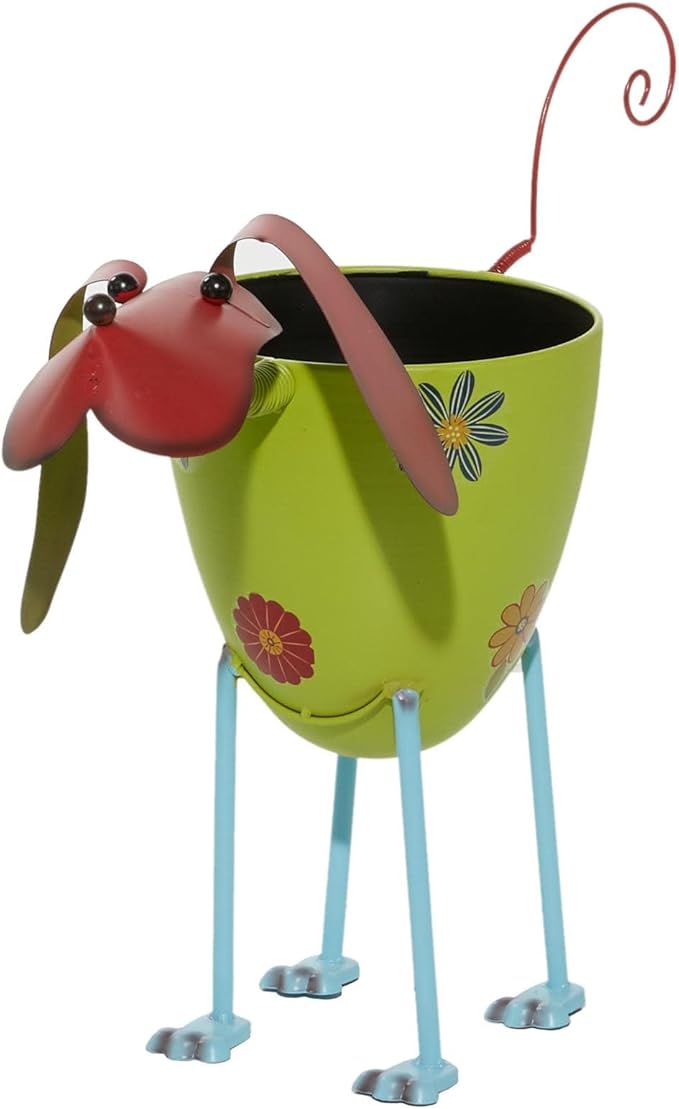 Deco 79 Metal Dog Indoor Outdoor Planter - Large Pot With Floral Pattern, 19" x 8" x 18", Green