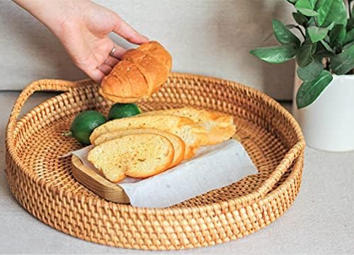 Round Rattan- Handmade Serving Tray-Decorative Woven Ottoman-Trays with Handles for Coffee Table Natural Basket Wave Tray (L- 13.7 Inch & M-11.8 Inch)