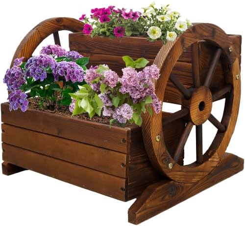 2-Tier Wooden Wagon Planter Box with Wheels – Farmhouse Rustic Garden Planter for Flowers, Herbs & Vegetables, Decorative Wooden Flower Cart for Patio, Garden & Balcony