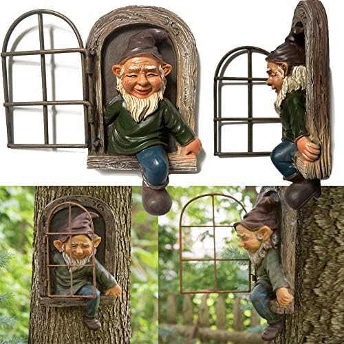 Gnome Open The Door Garden Decor Resin Tree Faces Decor Outdoor Fairy Garden Patio Lawn Porch (Grey)
