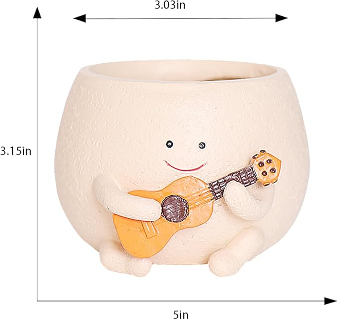 Planter Pot with Drainage Hole Cute Resin Head Planters for String of Pearls Plant Live Unique Guitar Succulent Pots for Indoor Outdoor Plants Gift IdeaI for Christmas (Small)