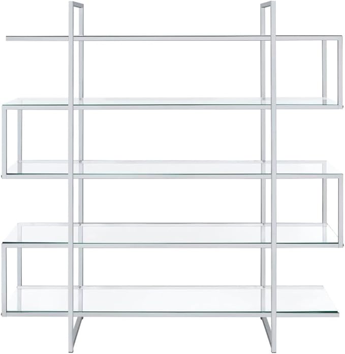 CARTESIAN Stellar Modern Glass Bookshelf, 5-Tier Open Display Case, 59" Wide x 63" High, Chrome Frame with Clear Tempered Glass Shelves