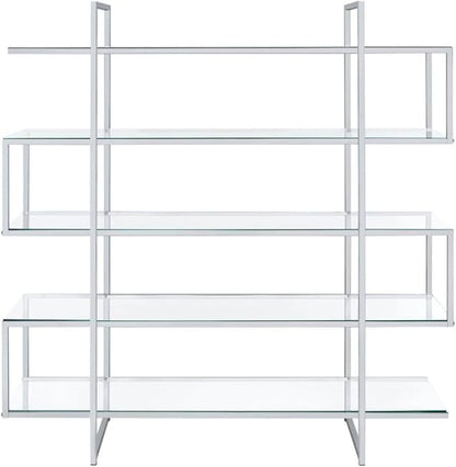 CARTESIAN Stellar Modern Glass Bookshelf, 5-Tier Open Display Case, 59" Wide x 63" High, Chrome Frame with Clear Tempered Glass Shelves